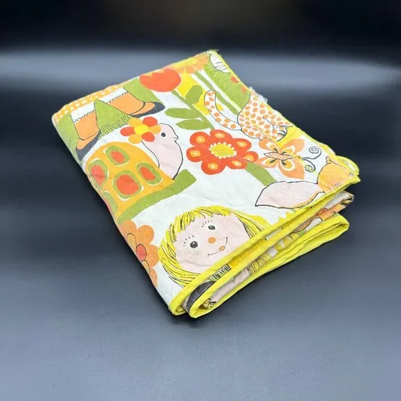 Vintage 1970s Kitschy Handmade Throw Blanket Flower Snail Yellow Orange AS IS - Picture 1 of 10